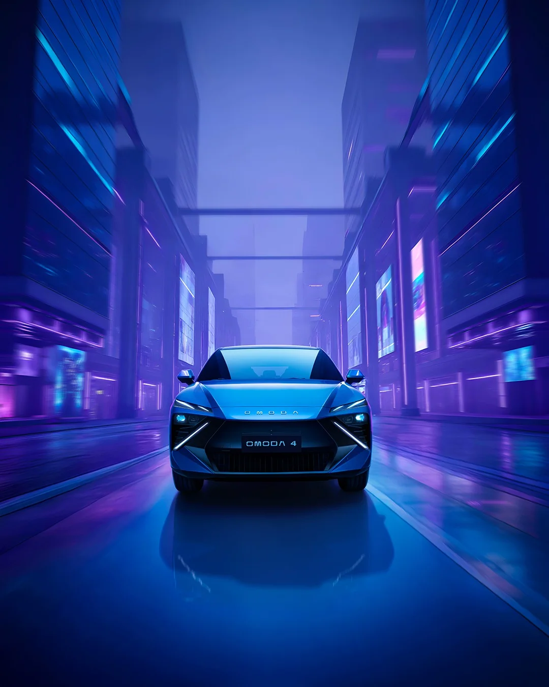 OMODA O4 EV melaju dengan asap di jalanan kota malam bernuansa neon
